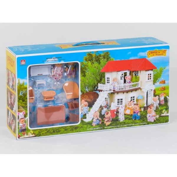 Домик Happy Family 012-01 мебель, 2 фигурки флоксовых животных, подсветка (аналог Sylvanian Families)