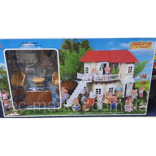 Домик Happy Family 012-01 мебель, 2 фигурки флоксовых животных, подсветка (аналог Sylvanian Families)