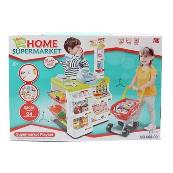 Игровой набор Магазин супермаркет 668-03 Касса с прилавком. Звук. Свет. Продукты