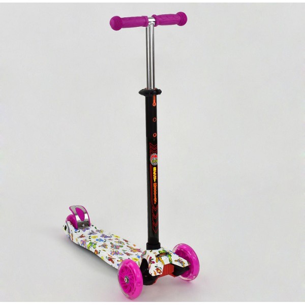 Детский трехколесный самокат Scooter Maxi Print Розовый с бабочками. Колеса светятся